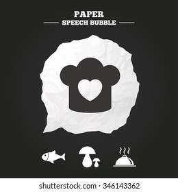 Chief hat with heart and cooking pan icons. Fish and boletus mushrooms signs. Hot food platter serving symbol. Paper speech bubble with icon.