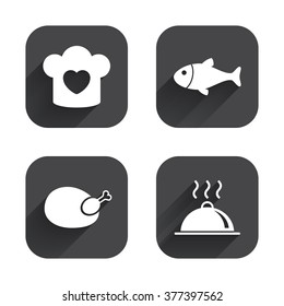 Chief hat with heart and cooking pan icons. Fish and chicken signs. Hot food platter serving symbol. Square flat buttons with long shadow.