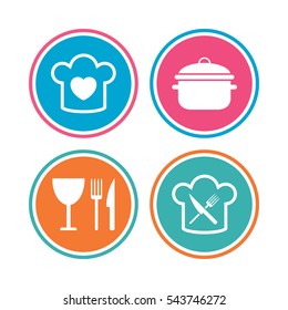 Chief hat with heart and cooking pan icons. Crosswise fork and knife signs. Boil or stew food symbol. Colored circle buttons. Vector