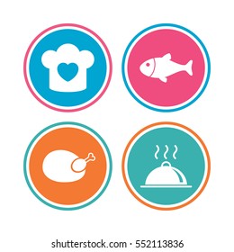 Chief hat with heart and cooking pan icons. Fish and chicken signs. Hot food platter serving symbol. Colored circle buttons. Vector