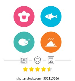 Chief hat with heart and cooking pan icons. Fish and chicken signs. Hot food platter serving symbol. Calendar, cogwheel and report linear icons. Star vote ranking. Vector
