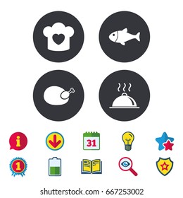 Chief hat with heart and cooking pan icons. Fish and chicken signs. Hot food platter serving symbol. Calendar, Information and Download signs. Stars, Award and Book icons. Vector