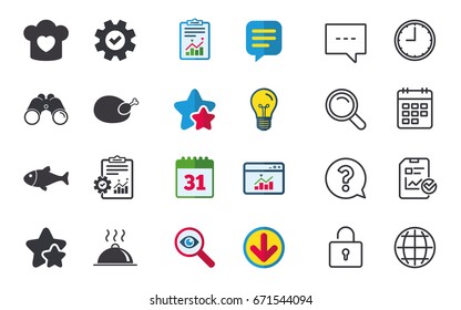 Chief hat with heart and cooking pan icons. Fish and chicken signs. Hot food platter serving symbol. Chat, Report and Calendar signs. Stars, Statistics and Download icons. Question, Clock and Globe