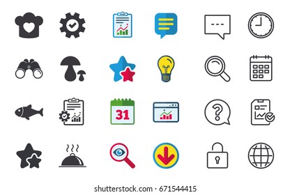 Chief hat with heart and cooking pan icons. Fish and boletus mushrooms signs. Hot food platter serving symbol. Chat, Report and Calendar signs. Stars, Statistics and Download icons. Vector