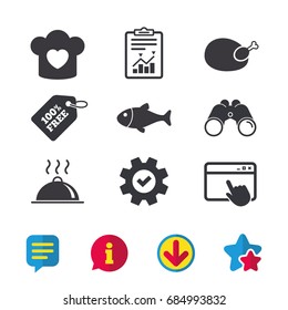 Chief hat with heart and cooking pan icons. Fish and chicken signs. Hot food platter serving symbol. Browser window, Report and Service signs. Binoculars, Information and Download icons. Vector