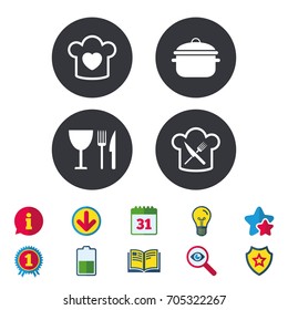 Chief hat with heart and cooking pan icons. Crosswise fork and knife signs. Boil or stew food symbol. Calendar, Information and Download signs. Stars, Award and Book icons. Vector