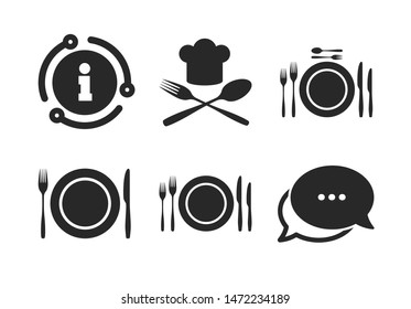 Chief hat sign. Chat, info sign. Plate dish with forks and knifes icons. Crosswise cutlery symbol. Dining etiquette. Classic style speech bubble icon. Vector