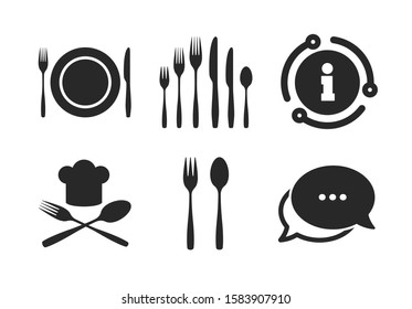 Chief hat sign. Chat, info sign. Plate dish with forks and knifes icons. Crosswise cutlery symbol. Dessert fork. Classic style speech bubble icon. Vector