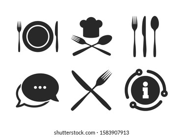 Chief hat sign. Chat, info sign. Plate dish with forks and knifes icons. Crosswise cutlery symbol. Dining etiquette. Classic style speech bubble icon. Vector