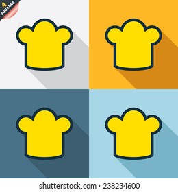 Chief hat sign icon. Cooking symbol. Cooks hat. Four squares. Colored Flat design buttons. Vector