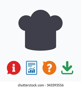 Chief hat sign icon. Cooking symbol. Cooks hat. Information think bubble, question mark, download and report.