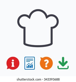Chief hat sign icon. Cooking symbol. Cooks hat. Information think bubble, question mark, download and report.
