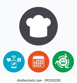 Chief hat sign icon. Cooking symbol. Cooks hat. Mobile payments, calendar and wifi icons. Bus shuttle.