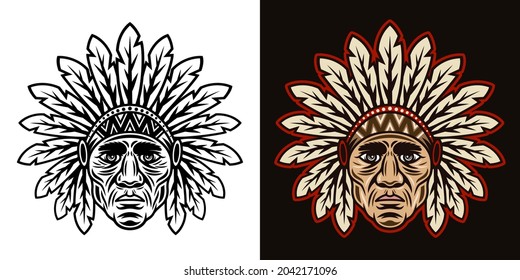 Chief head native american in traditional indian headdress with feathers vector illustration in two styles black on white and colorful on dark background