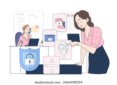 Chief Information officer. Woman scanning fingerprints. Security, safety of personal information, data protection concept. Line art flat vector illustration