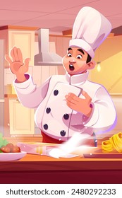 Chief man surprised at home kitchen illustration. Flour package fall on wood counter inside apartment scene. Indoor cooking design with sunlight from window. Problem emotion expression for character