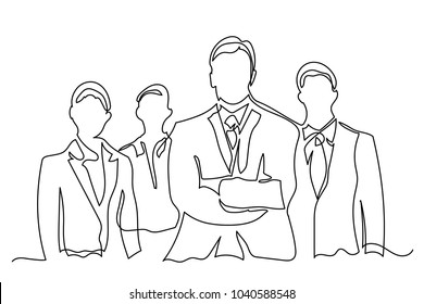 Chief manager and several employees of subordinates. One line drawing isolated vector object by hand on a white background.