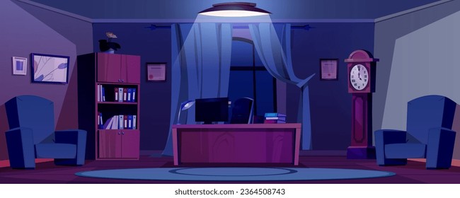 Chief office interior in evening - dark boss room with computer on desk, chair and documents in cabinet with shelves, armchairs and clock. Ceo or director work space at night with light from lamp.