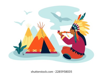 Chief with peace pipe - modern colored vector illustration on white background with native American Indian tents teepee. National flavor, history of civilizations, ethnical culture, tribal life idea