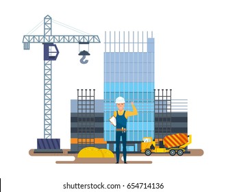 The chief of production is standing with documents against the background of a multi-storey building under construction and construction equipment. Vector illustration isolated in cartoon style.