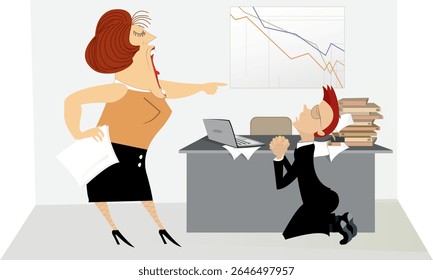 Chief scolds his employee.	
Business communication. Angry female chief scolds his frightened employee staying on the knees
