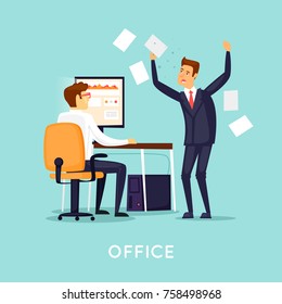 Chief screams at the employee. Flat design vector illustration.