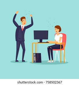 Chief screams at the employee. Flat design vector illustration.