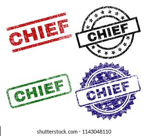 CHIEF seal prints with corroded style. Black, green,red,blue vector rubber prints of CHIEF tag with dirty style. Rubber seals with circle, rectangle, medal shapes.