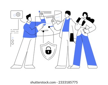 Ilustración vectorial de concepto abstracta del jefe de seguridad. Grupo de gestores de ciberseguridad que discuten juntos proyectos, responsables de centros de datos, tecnología de TI, metáfora abstracta de la industria de la computación.