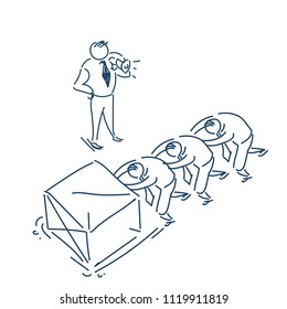 chief talking megaphone businessmen pushing big box hard working concept over white background sketch doodle vector illustration