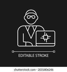 Chief technology officer white linear icon for dark theme. Scientific and technological occupation. Thin line customizable illustration. Isolated vector contour symbol for night mode. Editable stroke