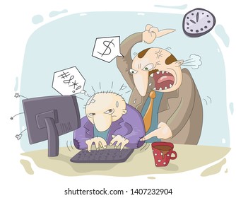chief urges and scolds the subordinate employee. Caricature vector illustration