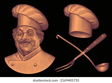 Chief-cooker. Design set. Editable hand drawn illustration. Vector vintage engraving. 8 EPS