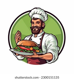 Chief-cooker Illustration for business: restaurant, cafe, food, eat, shop, trade, cook modern colorful mascot logo isolated on white background.