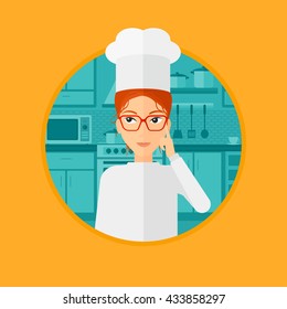 Chief-cooker in uniform standing in the kitchen and pointing forefinger up. Chef thinking about the recipe. Chef having an idea. Vector flat design illustration in the circle isolated on background.