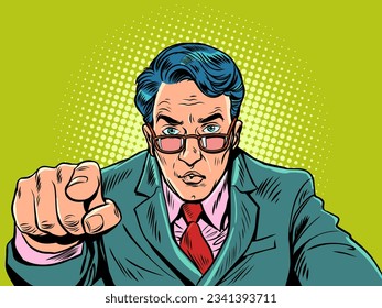 Chiefs choice. The customer points to the product he likes. A man in a suit and glasses points with his finger. Pop Art Retro Vector Illustration Kitsch Vintage 50s 60s Style