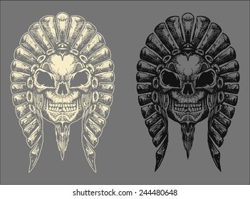 Chieftain head skull hand draw with invert color isolated