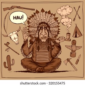Chieftain of indians. And set objects related to Indians. Plain colors