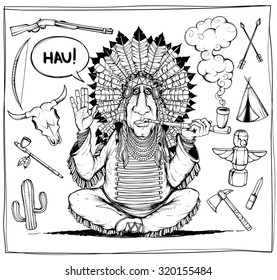 Chieftain of indians. And set objects related to Indians. Black and white
