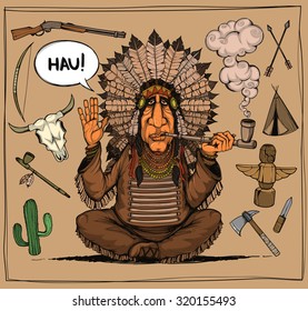 Chieftain of indians. And set objects related to Indians. Colored