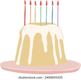A chiffon birthday cake with rainbow-colored candles. Hand-drawn illustration.
