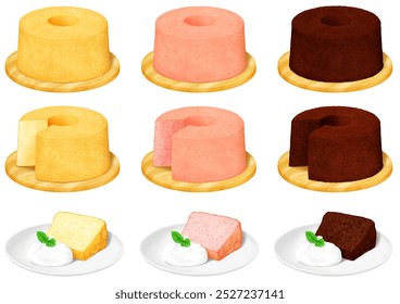 Chiffon cake 3 types plain strawberry chocolate decoration