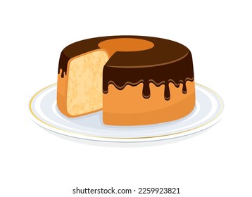 Chiffon cake with chocolate glaze icon vector illustration. Light and fluffy chocolate chiffon cake on a plate icon vector isolated on a white background. Delicious sponge cake sliced drawing