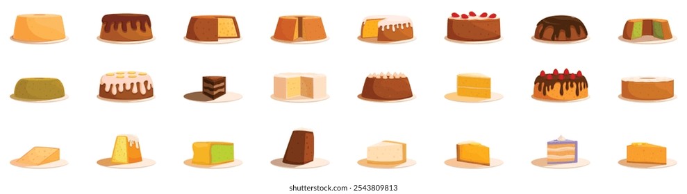 Chiffon cake icons set. Set of sweet cakes and pastries with different flavors, frosting and toppings, creating a tempting display for dessert lovers