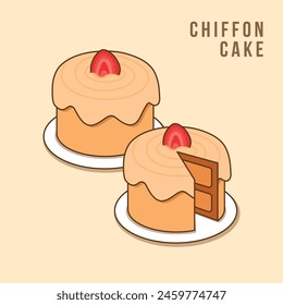 Chiffon cake, light and fluffy vanilla chiffon cake on the plate, cartoon style, delicious sponge cake sliced drawing. Vector illustration. 2D flat design