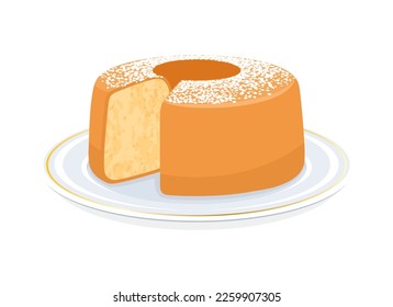Chiffon cake with powdered sugar icon vector illustration. Light and fluffy vanilla chiffon cake on a plate icon vector isolated on a white background. Delicious sponge cake sliced drawing