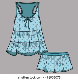 Chiffon pajama set. Romantic top and shorts. Isolated vector. 