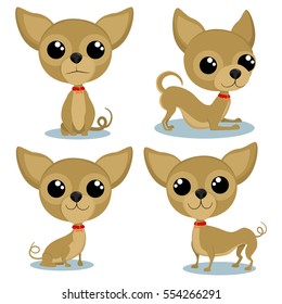 Chihuahua cartoon character in various poses. Cute little dogs vector set isolated on white background.