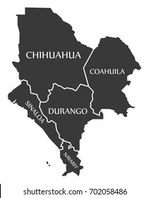 Chihuahua - Coahuila - Sinaloa - Durango - Nayarit Map Mexico illustration