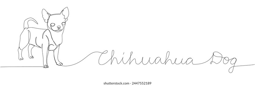 Chihuahua, Begleithund, mexikanischer Hund züchten eine Linie Kunst. Kontinuierliche Linie Zeichnung von Freund, Hund, Hund, Hund, Freundschaft, Pflege, Haustier, Tier, Familie, Hund mit Inschrift, Schriftzug, handgeschrieben.